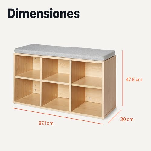 Miniatura 2 de Amazon Basics Banco Para Guardar Zapatos Con Cojín, Zapatero Con 6 Compartimentos, Estantes Ajustables, Para La Entrada, 87 X 30 X 48cm, Roble