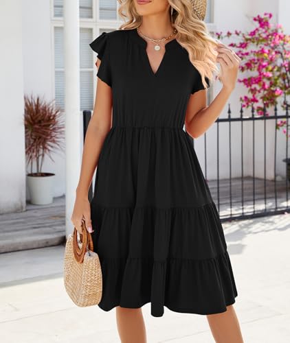 Image of Womens Summer Dress Ruffle Sleeve V Neck Midi Dresses Casual Fit Flowy Tiered Boho Beach Vacation Sundress