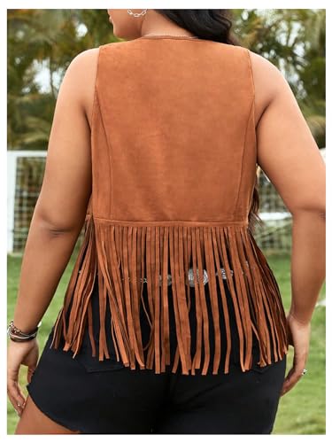 Women's Plus Size Fringe Trim Hem Jacket Sleeveless V Neck Button Front Vintage Jackets 70s Outfits2