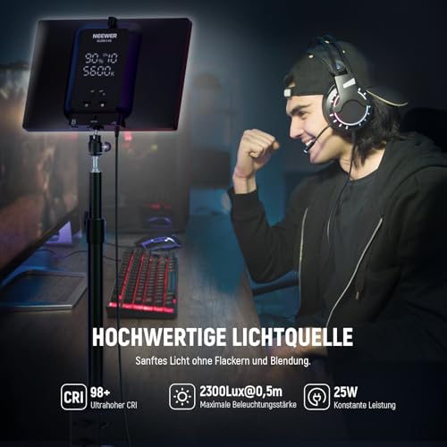 NEEWER 25W 12.9 Streaming Key Light mit Tischständer/2,4G Remote/USB Transmitter, PC/Mac APP Steuerung Dimmbares Edge Lit Panel Videolicht mit 2300Lux 2900K-7000K CRI98+ für Webcam Laptop Zoom, GL25B