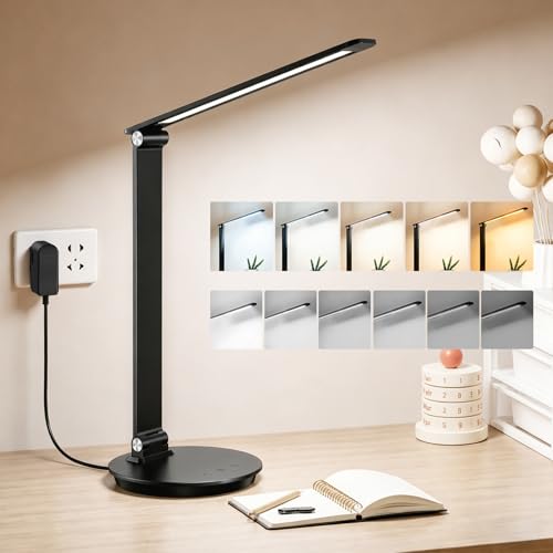 MONGERY LED Desk Lamp with USB Charging Port, Touch Control, 6 Brightness Levels 6 Color Temperatures, Eye-Caring Desk Light with 1-Hour Timer, Adjustable Foldable Lamp for Home Office, Bedroom, Study