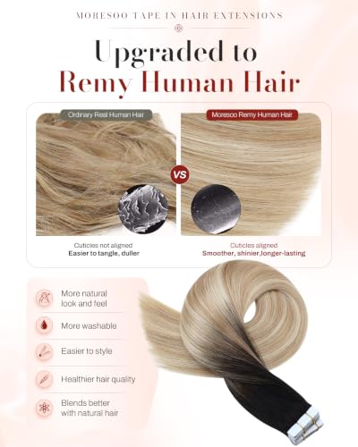 Image of Moresoo Human Hair Tape in Extensions Brown Blonde 12 Inch 20Pcs 30g | Human hair tape in extensions, Remy straight texture, dark roots, honey blonde lengths, flat tabs, short bob styling