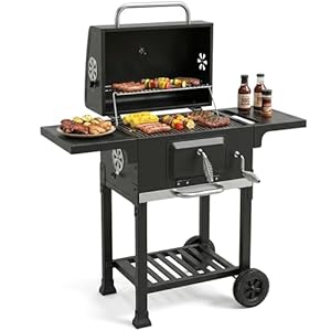 Barbecue Grill, Outdoor XL Charcoal BBQ Smoker with 2 Side Tables, Built-in Thermometer, Adjustable Charcoal Pan & Vent, Warming Rack, Compact Coal BBQ Smoker for Home Garden Party Patio Cooking