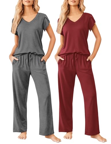 Image of Ekouaer 2 Pack Womens Pajamas Short Sleeve Sleepwear Top with Pants Super-Soft Printed Lounge Sets S-XXL