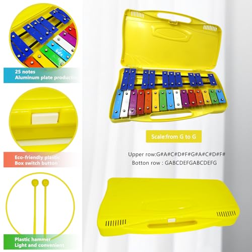 Image of Soulmate 25 Notes Xylophone, Glockenspiel Xylophone Instrument for kids, Musical Toy Metal Keys,Professional Percussion Instrument for Beginners, Music Teaching, Gifts (Yellow)