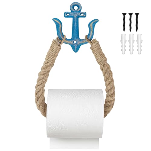 Porte-Papier Toilette Nautique Mural en Corde de Jute Rustique Naturelle avec Ancre décorative pour Plage et Bord de mer (Bleu)