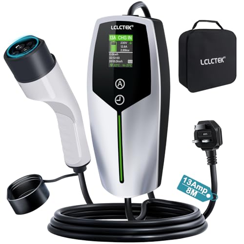 LCLCTEK® 3KW EV Charger Cable Type 2 to 3 Pin Plug 8m/26Ft,Portable UK 3 Pin EV Charger,Electric Car Charger [6/8/10/13A],Car-Charger with LED Display, IP65 Waterproof,Type 2 Cable EVs and PHEV