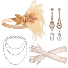 cridoz Flapper Accessories, 1920s Gatsby Accessories for Women Includes Flapper Headbands Necklace Gloves, Beige