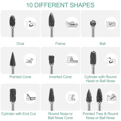Chiluxendo Holzfräser für Bohrmaschine, 10-Teiliges Hartmetallfräser-Set, Metallfräser für Bohrmaschine mit 3mm Schaft, Hartmetall Frässtifte für Metall, Wolframstahl Wolframcarbid Fräser, Carbide Bur