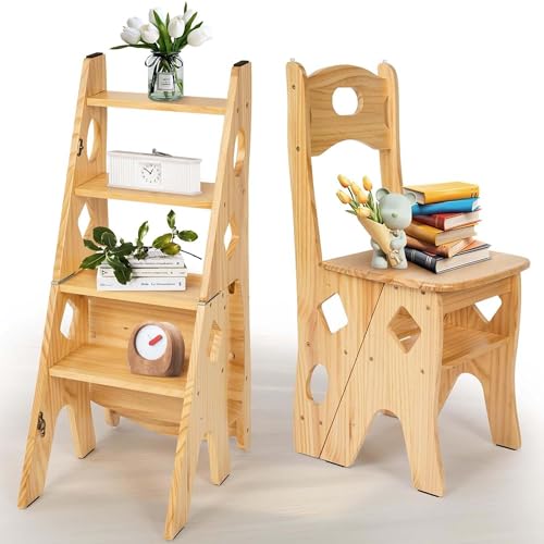 bimiti Silla de biblioteca plegable de madera, 4 escalones, silla plegable de hasta 180 kg, soporte de flores multifuncional, taburete de biblioteca