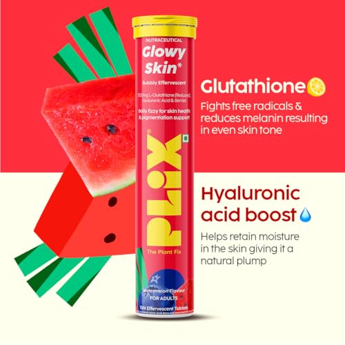Image of PLIX - THE PLANT FIX Glutathione Effervescent Tablets for Clear, Glowing & Youthful Skin | 500mg Glutathione, Vit E & Hyaluronic Acid | No Maltodextrin, No Sugar | Pack of 180 (12 tabs) | Watermelon