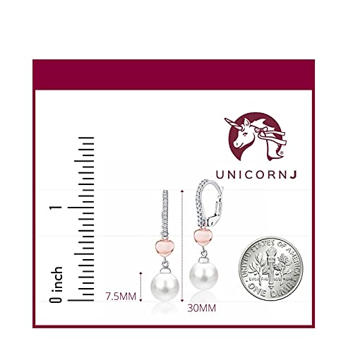 Unicornj 14K White Gold Freshwater Cultured Pearl Double Dangle Leverback Earrings With Rose Gold Plated Heart Accent Italy #TOP1