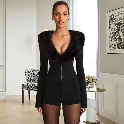 Womens Sexy Black Jumpsuit Faux Fur Collar Rompers Deep V Neck Long Sleeve Corset Jumpsuit Date Night Club Outfits - Image 2