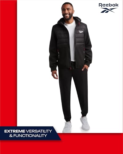 Image of Reebok Men's Softshell Jacket - Lightweight Hooded Weather Resistant Jacket for Men with Nylon Quilted Chest (S-XXL)