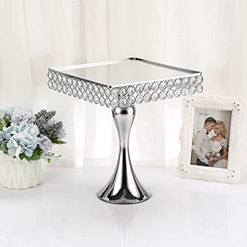 Bstkey 10" Square Wedding Metal Cake Display Stand With Mirror Top Plate, Silver Cupcake Stand With Crystal Beads Decor Pedestal, Dessert Stand For Parties Birthday Baking Party Supplies Centerpiece #TOP7