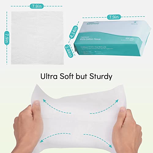 Image of Saraflora 100% Cotton Facial Tissue Soft Dry Wipe 6 Pack, Use for Sensitive Skin Disposable Face Towel Extra Thick Dry and Wet Use Disposable Cotton Tissues for Washing Face Makeup Wipes（600 Count ）