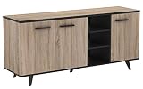 Armario auxiliar para salón – comedor en color roble cepillado y color negro mate. Con pies sobre los que se apoya el mueble al suelo y con tiradores.