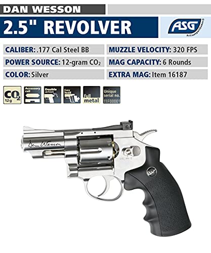 ASG Dan Wesson 2.5\" Airgun - Double Action Trigger, Adjustable Rear Sight, Speed-Loader - .177 Cal/4.5mm CO2 BB Gun Pistols - 6 Cartridges, Silver