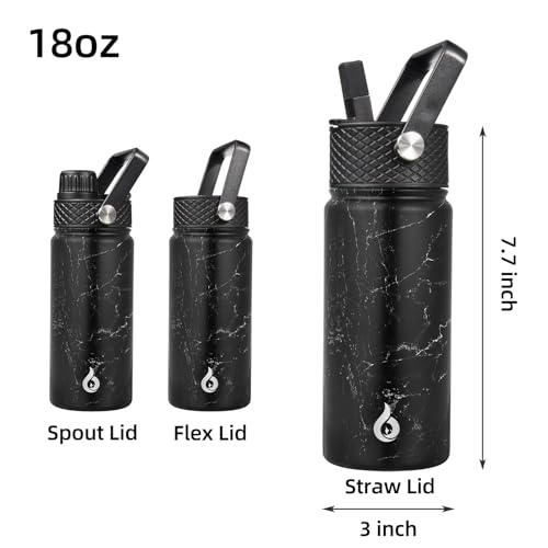 Image of BJPKPK Insulated Water Bottles with Straw Lid, 18oz Stainless Steel Metal Water Bottle, Cold Hot Thermo with 3 Lids, Leak Proof BPA Free Travel Cup, Wide Mouth Flasks, Thermo -Midnight
