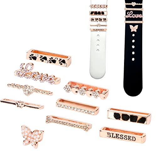 Savita 10uds Anillos Decorativos para Reloj, Decoración de Diamantes con Purpurina Abalorios Correa Reloj Inteligente Adorno de Metal con Hebilla para la Serie Iwatch (Oro Rosa, sin Correa)