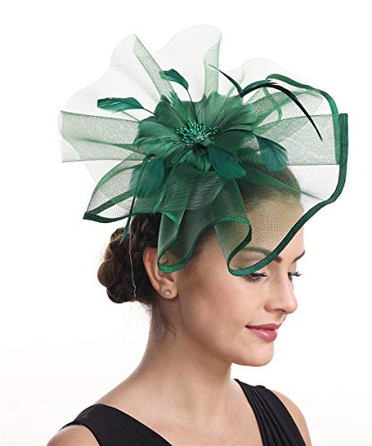Saferin Fascinators Hat Sinamay Flower Mesh Feathers On A Headband And A Clip Tea Party Headwear For Girls And Women(Ta1-Dark Green) #TOP2