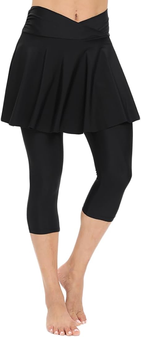 Micosuza Women's Swim Capris Leggings with Skirt Sun Protection Modest Cross High Waist Skirted Swim Pants - Image 2