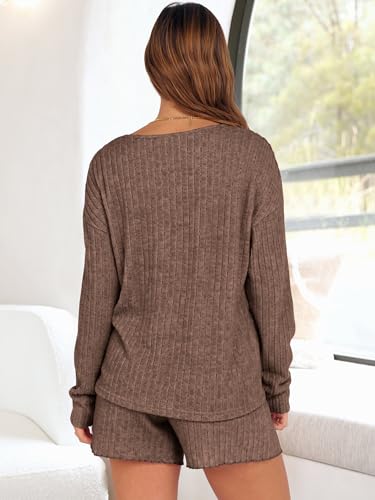 ANRABESS Women's 2 Piece Lounge Pajama Sets Casual Ribbed Long Sleeve Top Matching Shorts Sleepwear PJ Set 2025 Fall Outfits4