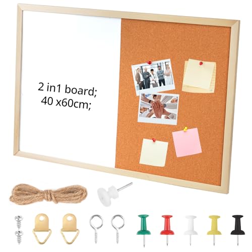 Memoboard, Pinnwand Küche mit Holzrahmen, Notizwand Magnettafel, 2 in 1 Kombiboard mit Druckstiftem Befestigungsmaterial, Korkwand und Magnetisches Whiteboard für Büro Küche (60x40cm)