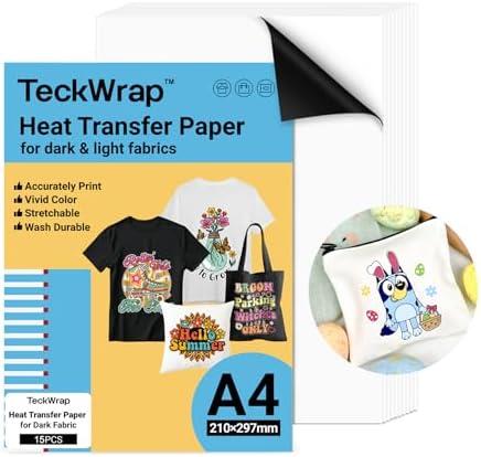 TECKWRAP Printable Heat Transfer Paper for T-Shirts 15 Sheets, 8.3" X 11.7" Printable Heat Transfer Vinyl for Inkjet Printer, Iron on Transfer Paper for Light and Dark Fabric (Matte White)
