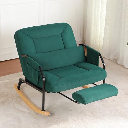 Image of Chistronger Oversized Reclining Rocking Chair with Foot Rest, 110°–160° Adjustable Backrest, Upholstered Armchair with Side Pocket for Nursery and Living Room, Green