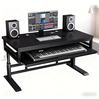 HEXIMANX Studio Desk with Keyboard Tray | Hand-Crank Adjustable Standing Desk Workstation for Music Production, Cable Management, MIDI Keyboard Shelf (Black, 47in)