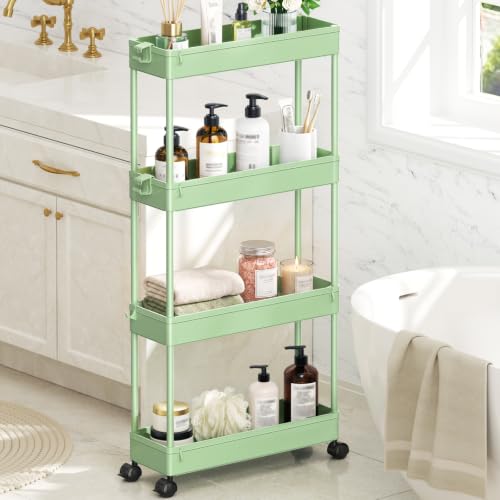 SPACEKEEPER Slim Rolling Storage Cart, 4 Tier Bathroom Cart Organizer,Green