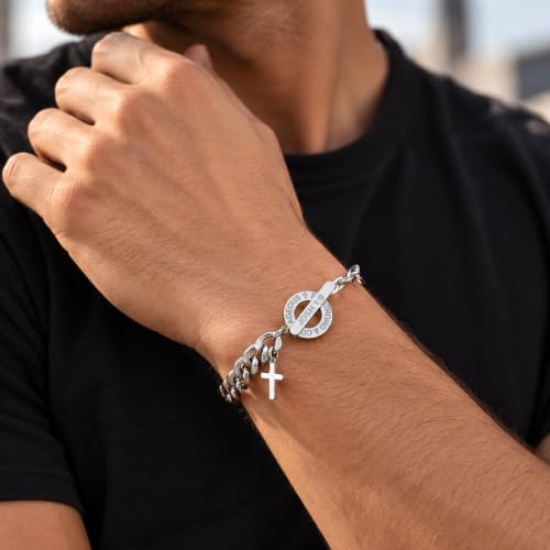 TempBeau Cross Bracelet for Men, Stainless Steel Cuban Link, Joshua 1:9 - image 2