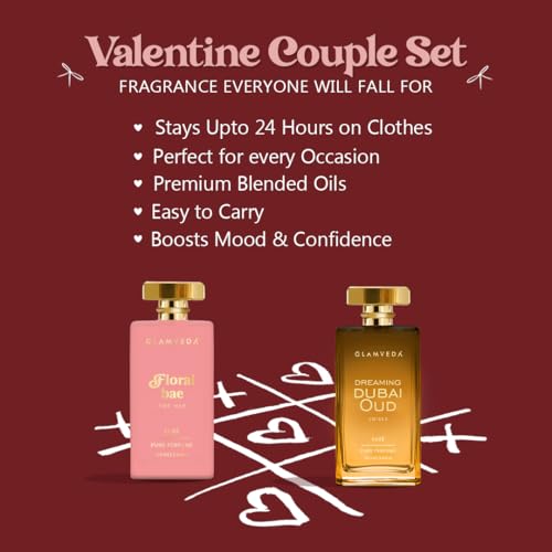 Image of Glamveda Valentine Luxury Perfume Couple Gift Set | Floral Bae & Dubai Oud Long Lasting 2x100ml | Valentine Day Gift for Her & Him | Floral, Fruity & Oud Premium Pure Perfume for Man & Woman
