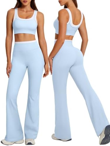 OMKAGI Layered Workout Sets for Women Flare Leggings U Back Pilat...