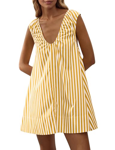Image of Women Summer Sleeveless Babydoll Mini Dress Scoop Neck Loose Fit Tank Dresses Party Ruched Short Dress with Pockets