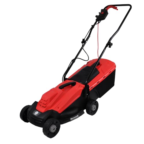 RocwooD Electric Lawnmower 1200W. 10 M Power Cable Corded Rotary Lawn Mower With 30L Grass Bag. Folding Handle & Adjustable Cutting Heights For Outdoor, Garden, Lawns (32cm Cutting Width)