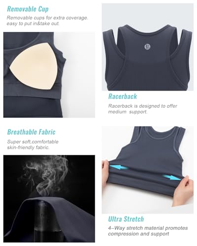 Image of RUNNING GIRL Sports Bras for Women High Impact Seamless Ribbed Longline High Neck Workout Crop Tank Tops Padded(BX3036Dark Grey,M)