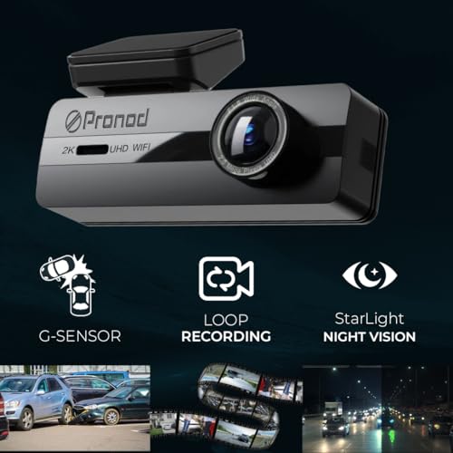 Image of PRONOD Dash Cam for Car Front and Rear | UHD Resolution Dashcam for Car with Mic | Screen, GPS Tracking, Night Vision, WiFi App Control, 24H Parking Mode, Supports 512GB (DVR WiFi 2K)