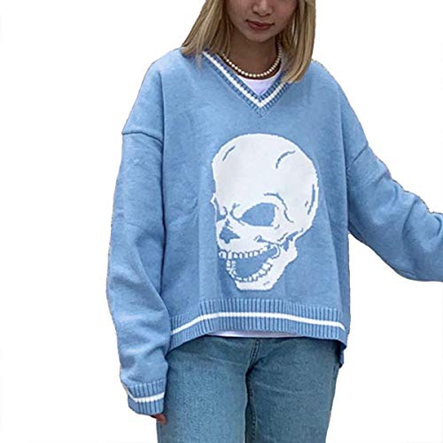 VANGULL Skulls Sweaters Pullovers V Neck Knitwear Loose Casual Knitted Tops Women Streetwear Blue