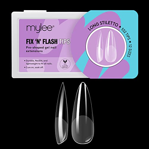 Mylee Fix N Flash Soft Gel Tips - Long Stiletto - 552 PCS, Full Cover Soft Gel Nail Tips, Nail Art Extensions, Flexible & Resistant, 12 Different Sizes, Fit All Nails