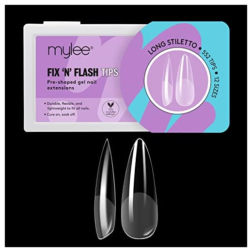 Mylee Fix & Flash Soft Gel Tips - Puntas de Uñas de Gel Suave, Cobertura Completa, Extensiones de Uñas de Gel, Flexibles y Resistentes, 12 Tamaños, 552 Piezas, por Todas las Uñas (Long Stiletto)