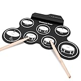 Elektronische Trommel, Elektronische Kinder-Anfänger-Regal-Trommel, klappbares tragbares, Einstiegs-Elektronisches Schlagzeug, Elektronische Trommelplatte mit 2 Fußpedalen und Schlagfänger (white 7)
