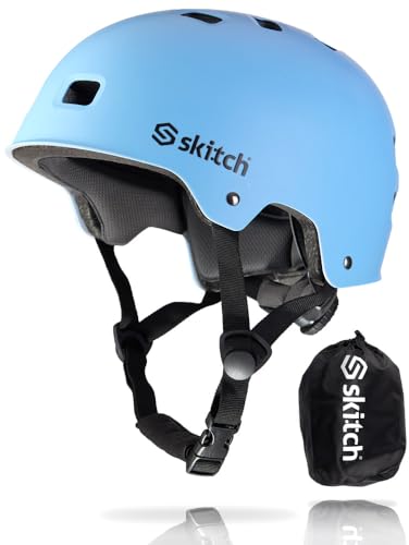 SKITCH Skateboard Helmet for Kids Teens with Premium Memory Foam Padding | Triple Certified Adjustable Protective Sport Head Gear Scooter Roller Skate Inline Skating Rollerblading | Cool Blue (S)