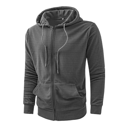 Men's Fashion Lightweight Drawstring Hoodie Full Zipper Long Sleeve Sweatshirt Casual Waffle Jackets Coat