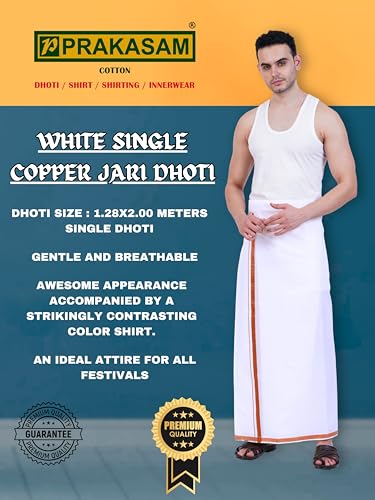 Image of PRAKASAM COTTON Mens Single White Dhoti with Jari Border Single Dhoti (1.28X2.00 mtrs)
