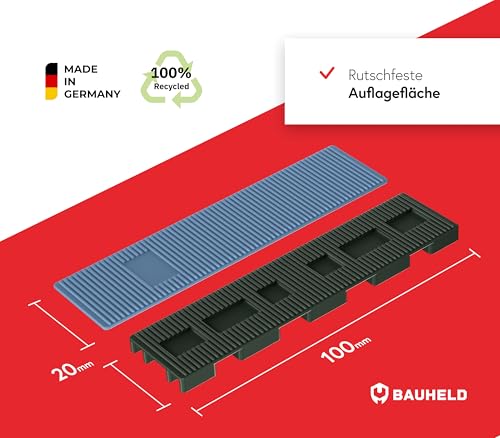 BAUHELD Profi Abstandshalter Set 100x20 mm - 1-6 mm [50 Stück] - Universelle Unterlegplatten aus Kunststoff [Made in Germany] - Verglasungsklötze Unterlegkeile mit intelligentem Belüftungssystem