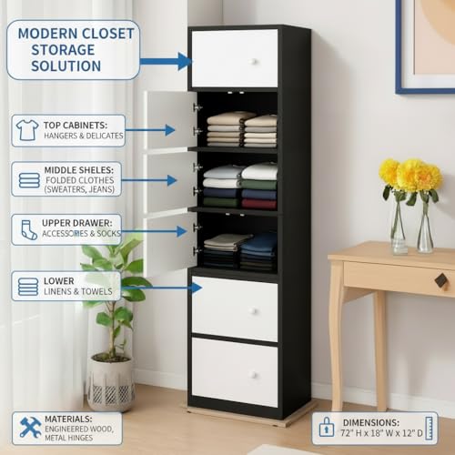 Image of EXVITO Engineered Wood Wardrobe for Bedroom | Foldable 6-Shelf Wooden Storage Cabinet | Cupboard Almirah for Clothes | Collapsible Wardrobe | Space Saving Wooden Cabinet - Black