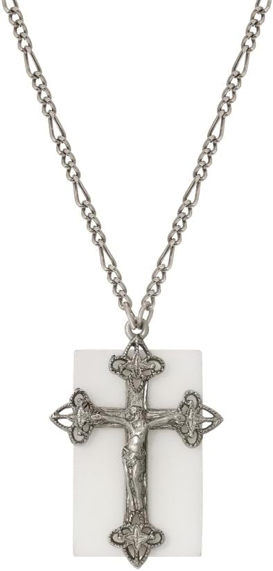 1928 Jewelry Symbols of Faith Gemstone and Crucifix Pendant Necklace, 28-inch Length, Silver Tone and White, Women Accessories, Fashion