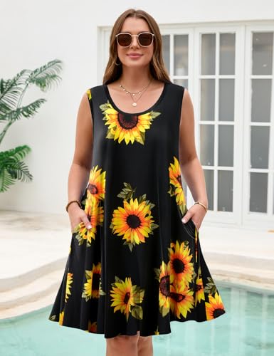 Image of JollieLovin Women Plus Size Curvy Summer Tank Sun Dresses Sleeveless Causal T-Shirt Dress Beach Swing Cover up(L-5X)